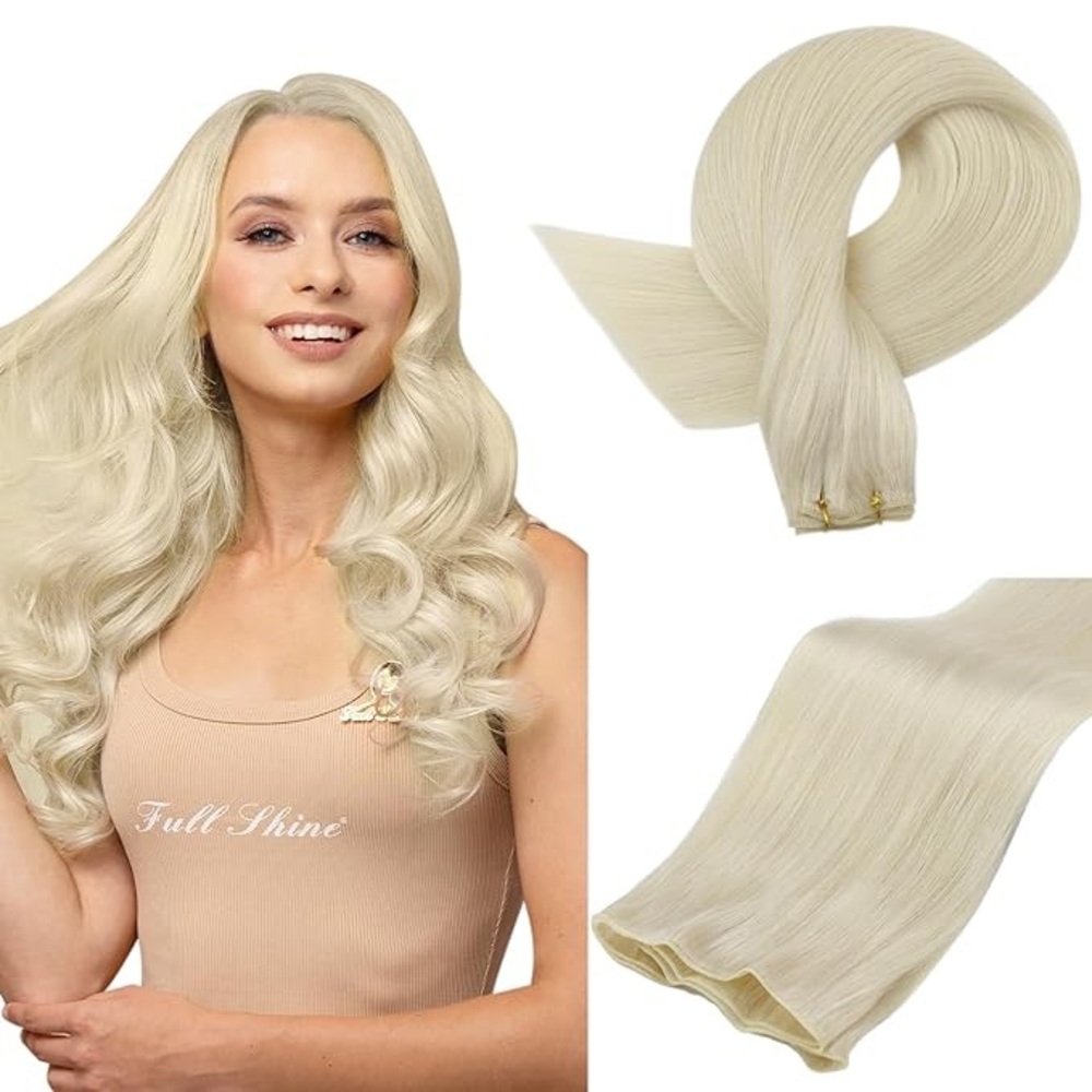 Human hair platinum white blonde hand tied sew in hair extensions